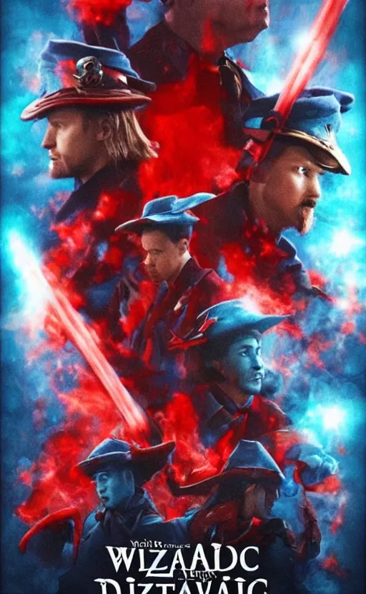 Prompt: a mind - blowing, epic movie poster, depicting a war between red and blue fantasy wizards, wearing wizard hats, magic, cinematic