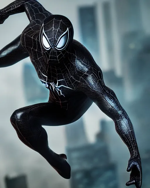 Image similar to photograph of a symbiote and spider - man hybrid, dslr, cinematic, volumetric lighting, 8 k resolution, photorealistic