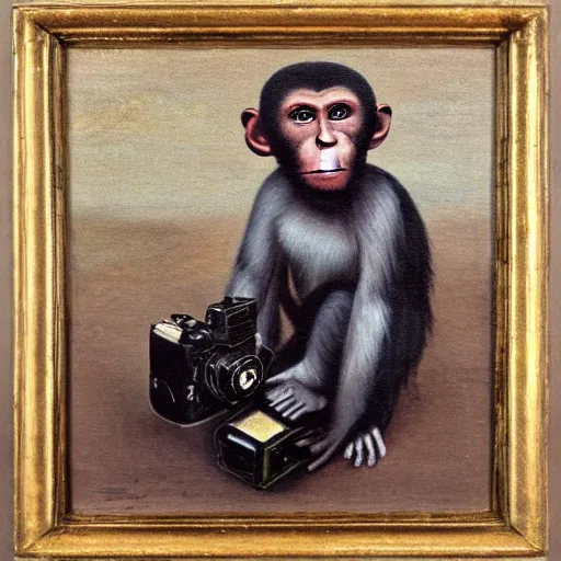 Image similar to Portrait of a monkey holding a camera, oil painting