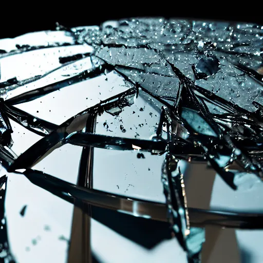 Prompt: a shattered glass on table, close view, octane render, Ray tracing reflection