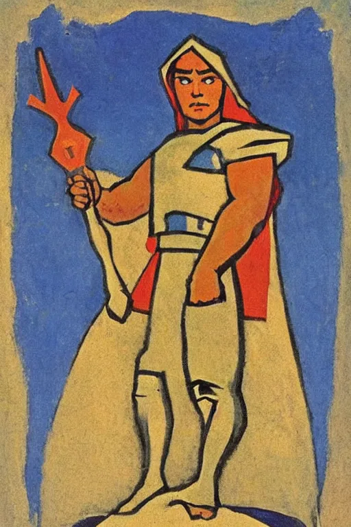 Image similar to thor with hammer, marvel, artwork by nicholas roerich,