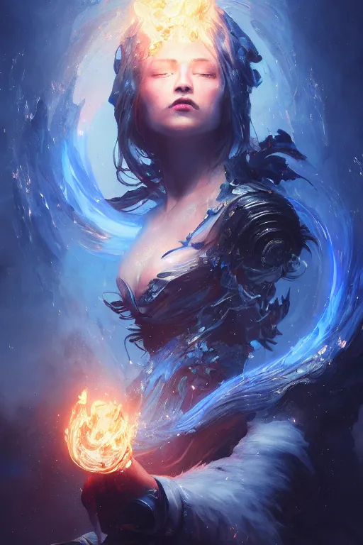 Image similar to a fancy portrait of a goddess women controling deep blue flames by Greg Rutkowski, Sung Choi, Mitchell Mohrhauser, Maciej Kuciara, Johnson Ting, Maxim Verehin, Peter Konig, Bloodborne , 8k photorealistic, cinematic lighting, HD, high details, atmospheric , trending on artstation