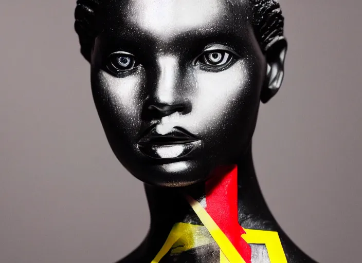 Image similar to close up portrait of extremely beautiful female black marble statue in the style of virgil abloh, colorful motocross logos behind her, sharp focus, clear, detailed,, cinematic, detailed, off white, glamourous, symmetrical, vogue, editorial, fashion, magazine shoot, glossy