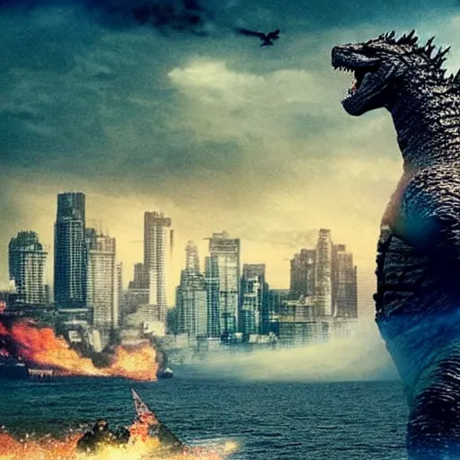 Image similar to godzilla in mumbai, film still, hyper realistic