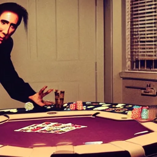 Image similar to nicolas cage as elvis presley playing the guitar over a poker table