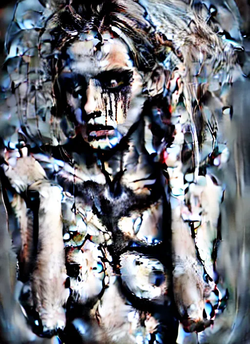 Image similar to astonishingly beautiful woman in tattered clothes revealing body, blonde hair, make up, black & white