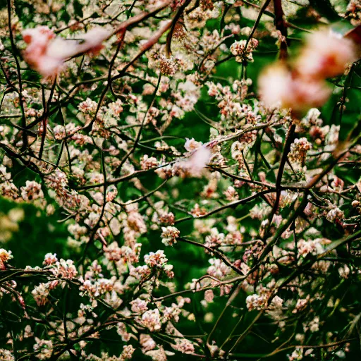 Prompt: cinematic medium shot of branches forming a human body, flowers, shallow depth of field, garden setting