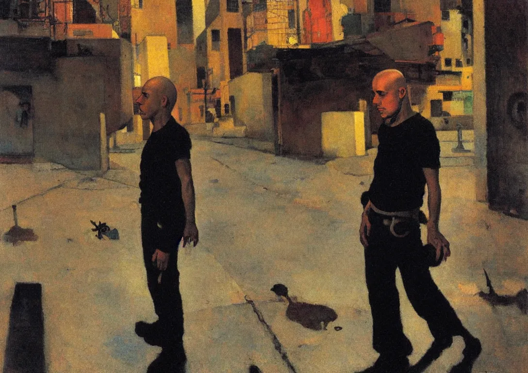 Image similar to a punk latino skinhead following a watchful light through the streets of a city, muted color scheme, sparse detail, by george luks, joan miro and moebius