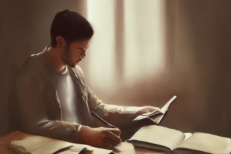 Prompt: a painting of a man writing in a large leather notebook in a foggy room by jama jurabaev, cinematic shot, trending on artstation, high quality, ultra realistic