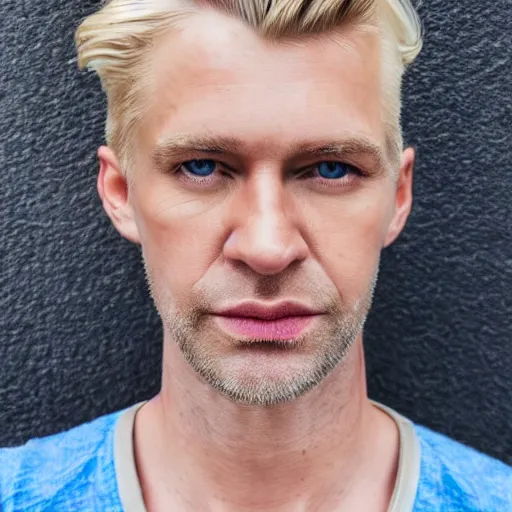 Prompt: close up of face of very handsome 4 0 year old slavic blond man with blond stubble, very short wavy blond hair in a short pompadour style, very pale skin, blue eyes, hairy shoulders, hairy chest, portrait, 4 k