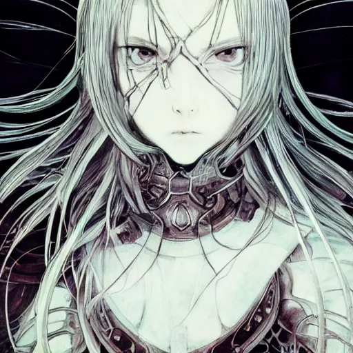 Image similar to Yoshitaka Amano blurred and dreamy illustration of an anime girl with black eyes, wavy white hair and cracks on her face wearing elden ring armour with the cape fluttering in the wind, abstract black and white patterns on the background, noisy film grain effect, highly detailed, Renaissance oil painting, weird portrait angle