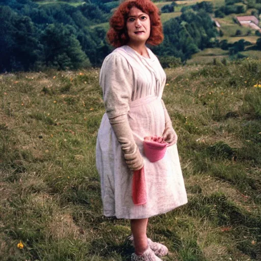 Image similar to middle aged woman who is half human, half muppet, wearing a dress, in the hillside, 1980 French film, archival footage, technicolor film expired film live-action, 16mm