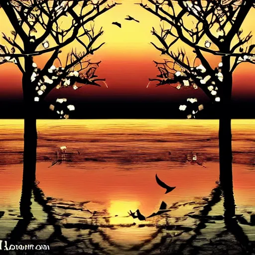 Image similar to birds on cherry tree, Changelingcore, serene, graceful, sunset photo at golden hour, Kodachrome, digital painting