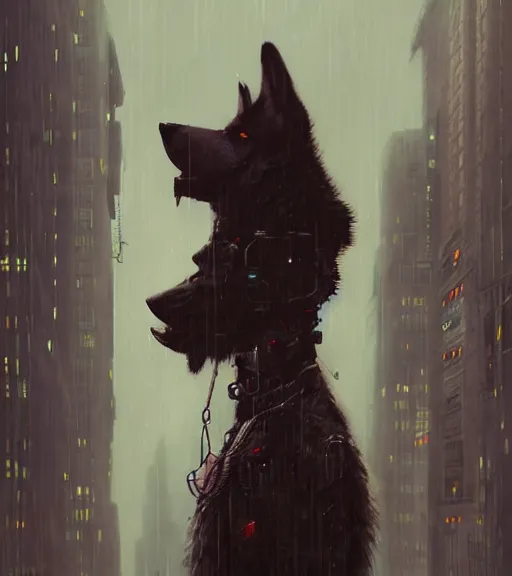 Image similar to new york city portrait of furry anthro anthropomorphic german shepard head animal person fursona wearing clothes strange cybernetic muzzle gloomy rainy cyberpunk digital art by Greg Rutkowski, Simon Stalenhag, christopher nolan trending on Artstation, CGSociety