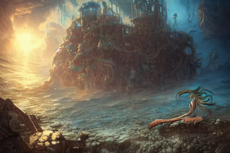 Prompt: a beautiful mermaid looking at the sunken city of Atlantic under water, ray of sunlight, Greg Rutkowski, Mohrbacher