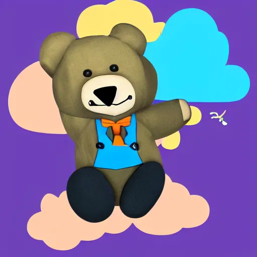 Prompt: cartoon bear wearing clothes being launched out of a futuristic machine into a purple and orange cloud land