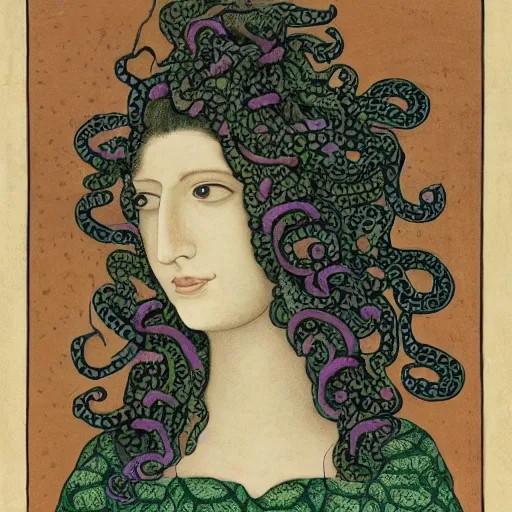 Image similar to detailed, portrait of medusa, surrounded by lotus flowers and geometry