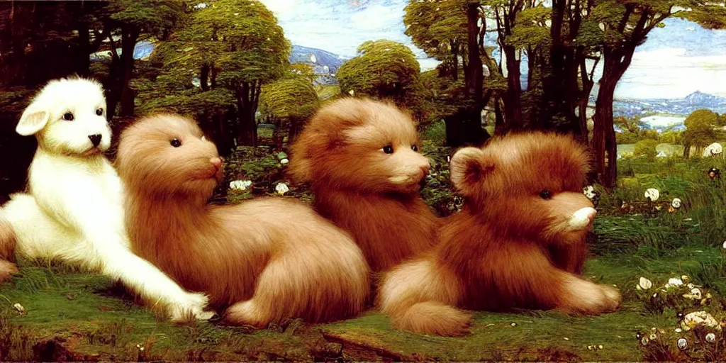 Image similar to 3 d precious moments plush animal, realistic fur, mythology, daily life, master painter and art style of john william waterhouse and caspar david friedrich and philipp otto runge