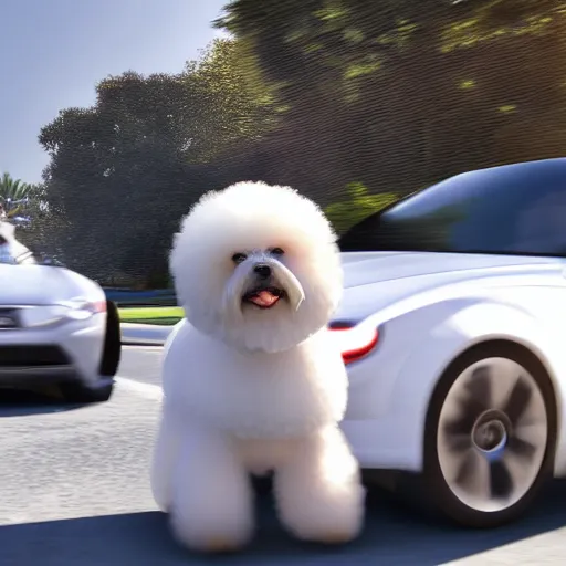 Prompt: a photorealistic image of bichon frise riding in the back on an Uber through Hollywood at sundown. This 4K HD image is Trending on Artstation, featured on Behance, well-rendered, extra crisp, features intricate detail and the style of Unreal Engine.