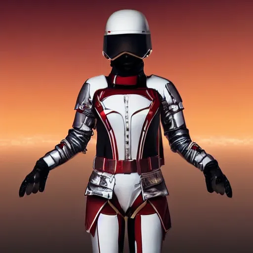 Image similar to portrait of a athletic female soldier in glossy sleek white armor with tiny red details and a long red cape, heroic posture, on the surface of mars, night time, dramatic lighting, cinematic, sci-fi, hyperrealistic