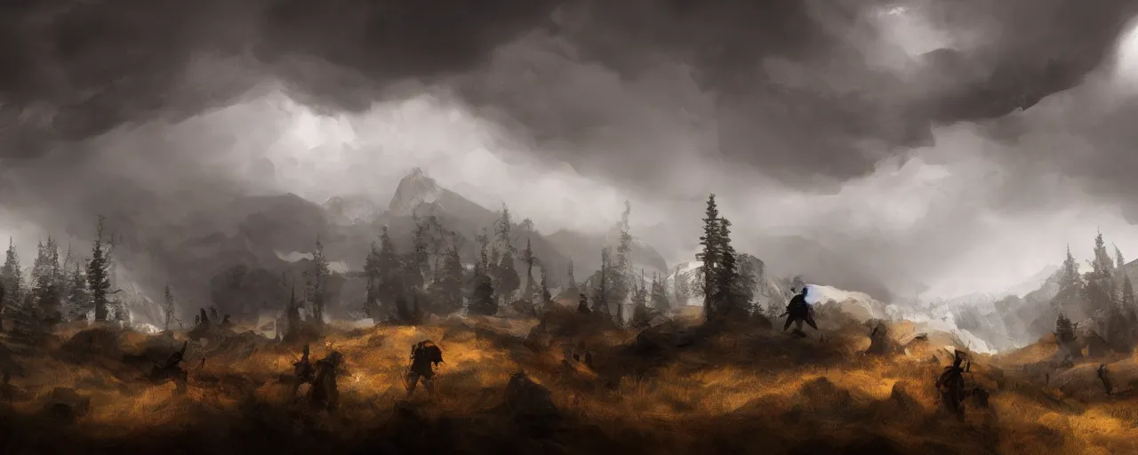 Prompt: wide shot of cat soldiers traveling in tundra between pine trees underneath big mountains with giant clouds, digital painting by rembrandt, volumetric lighting, concept art, artstation, epic 8 k