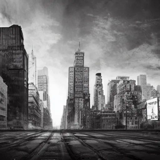 Image similar to post - apocalyptic new york city, cinematic, wide shot, movie screenshot