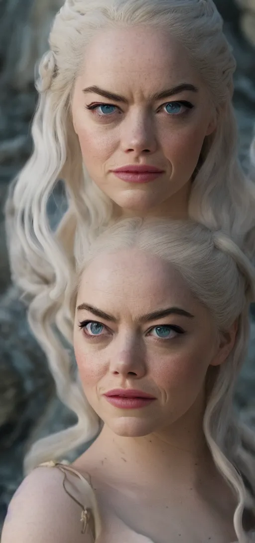 Image similar to Emma Stone as Daenerys Targaryen, vertical wallpaper, XF IQ4, 150MP, 50mm, F1.4, ISO 200, 1/160s, natural light