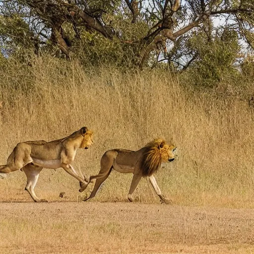 Prompt: a lion stalking an impala along the veld in kriger national Park, award winning photograph