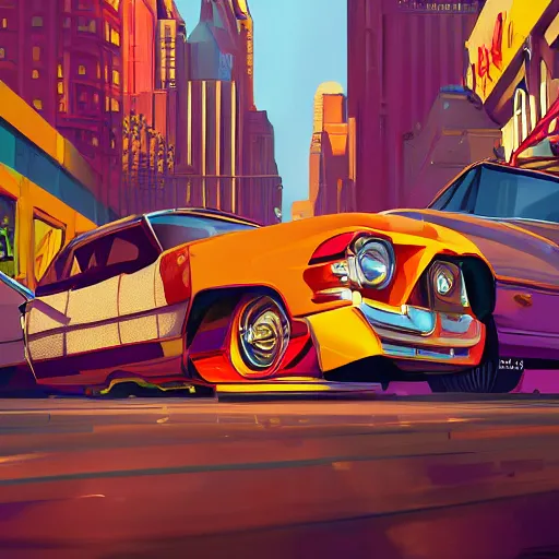 Image similar to swagger! lowrider culture, living large in the city by tyler edlin, new york 1 9 7 0, editorial, bold colors, detailed, bold colors, incredible lighting, great composition, artstation