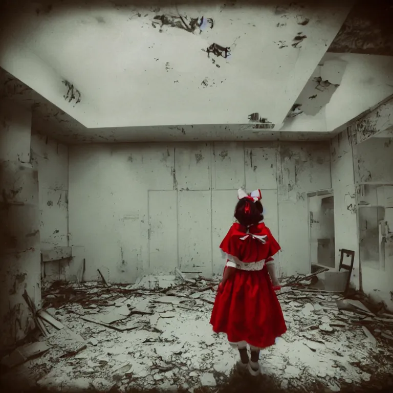 Image similar to atmospheric Polaroid photo of a reimu hakurei cosplayer in an abandoned facility