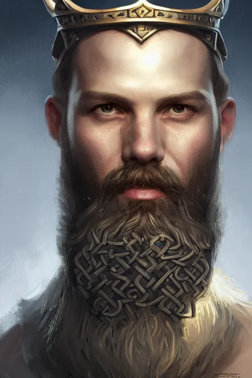 Prompt: highly detailed portrait of an elegant viking king with a beard, ornate crown, beautiful symmetrical face, glowing skin, digital painting, artstation, concept art, smooth, clear focus, illustration, greg rutkowski, artgerm, global lighting, detailed and fantasy