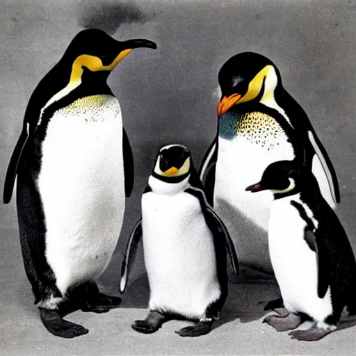 Prompt: a family portrait of penguins and cats together, vintage early 1900s picture