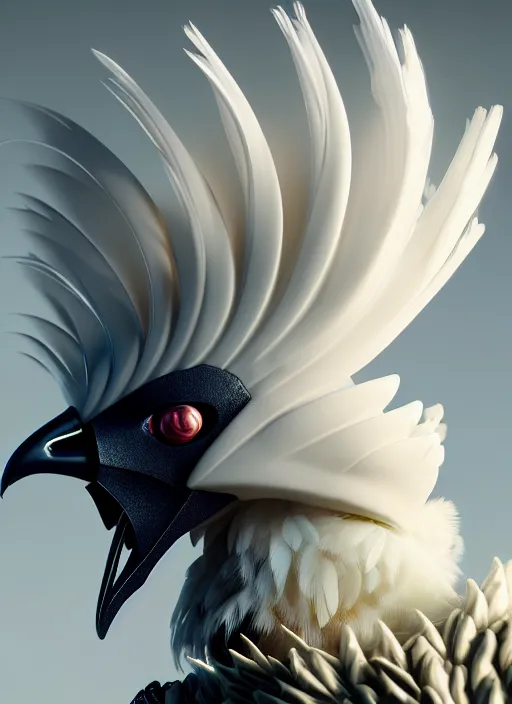 Image similar to hyper detailed ultra sharp portrait of a beautiful fashionable porcelain ivory cyberpunk scifi rooster, well contoured smooth colorful feathers, up close shot, sharp focus, global illumination, radiant light, black haute couture, alexandre ferra, irakli nadar, octane render, 4 k, ultra hd,