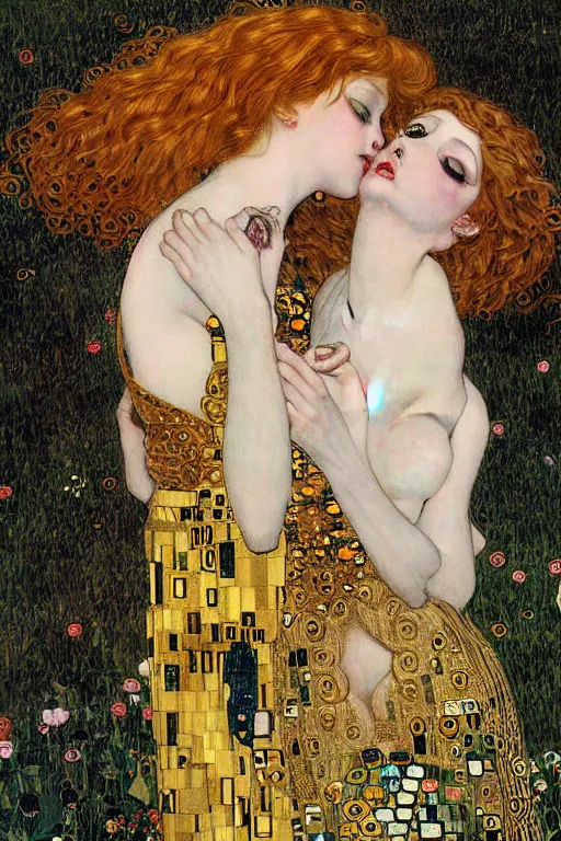 Image similar to two beautiful young gothic maidens, angel and demon, kiss, highly detailed, artstation, illustration, art by Gustav Klimt