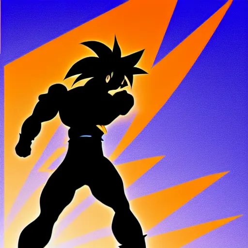 Prompt: poster of goku's silhouette with a sun in the background, simple style, all flat colors and shapes, character art, sharp focus, highly detailed, artstation