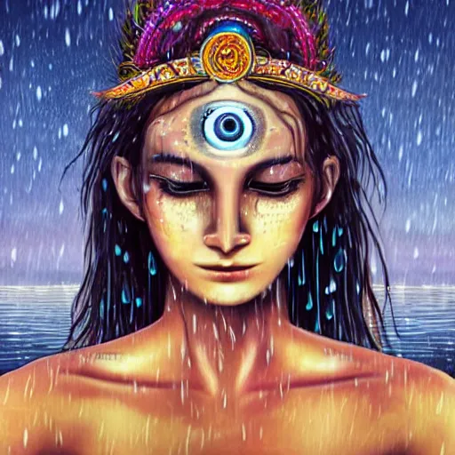 Image similar to wet three eyed goddess, third eye in middle of forehead, wide shot, wet hairy bodies, wet feet in water, soft colors, wet eye in forehead, pins, beautiful lighting, very detailed, wet eyes reflecting into eyes reflecting into infinity