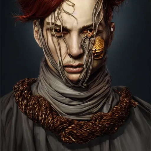 Image similar to portrait of a Shibari rope wrapped face and neck, headshot, insanely nice professional hair style, dramatic hair color, digital painting, of a old 15th century, old cyborg merchant, amber jewels, baroque, ornate clothing, scifi, realistic, hyperdetailed, chiaroscuro, concept art, art by Franz Hals and Jon Foster and Ayami Kojima and Amano and Karol Bak,