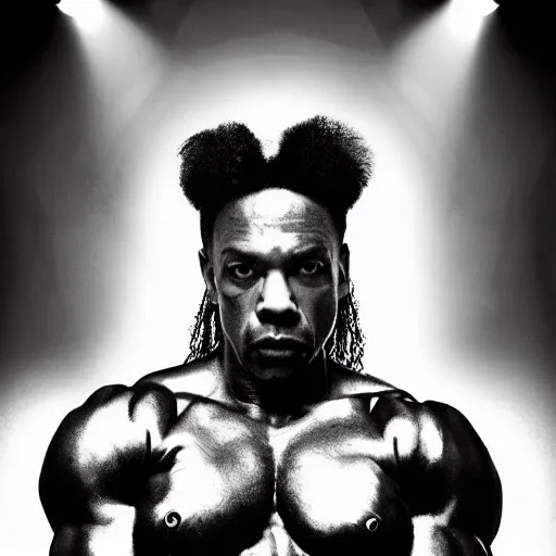 Image similar to Rick james with the physique of a body builder, hyper realistic, ultra detailed, cinematic, dynamic lighting, photorealistic, refined, intricate, digital art, digital painting, masterpiece, 8k