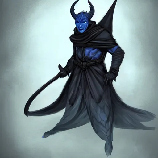 Image similar to D&D character concept art of a cloaked tiefling, tiefling rogue, blue skin color with short horns and a devil tail, fighting pose of a Rogue holding daggers, black cloak hidden in shadows, full body pose, soft colors, fantasy, intricate, elegant, highly detailed, digital painting, artstation, concept art, smooth, sharp focus, illustration, wide angle shot, full body visible, art by artgerm and H R Giger and alphonse mucha