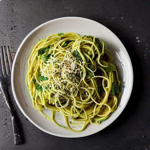 Prompt: a spaghetti with avocado sauce, food photography