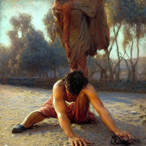 Prompt: man stuck in asphalt, smooth digital painting by Gaston Bussiere, photorealistic