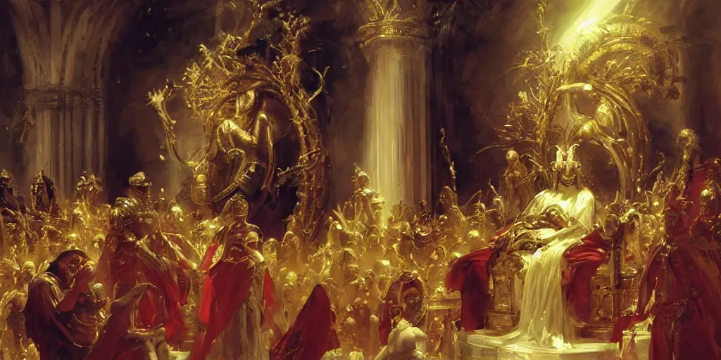 Image similar to beautiful oil painting, alien in royal crimson robes enthroned as the alien god emperor of ancient civilization surrounded by servants in gilded halls a golden wreath upon his head, by anders zorn, wonderful masterpiece by greg rutkowski, beautiful cinematic light, american romanticism, by thomas lawrence, greg rutkowski