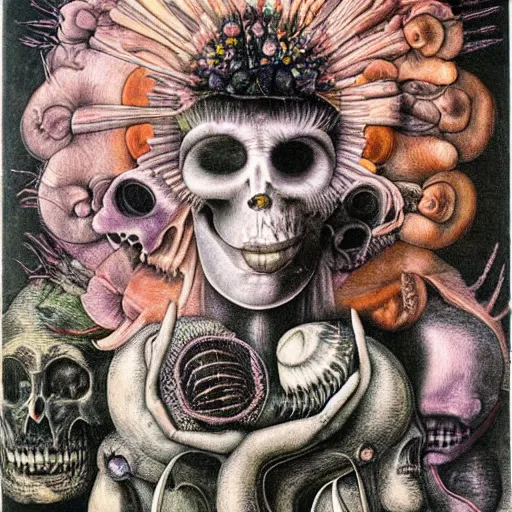 Image similar to post - punk new age album cover, magic, apocalypse, psychedelic, psychonaut, black white pink, magic, giger h. r., giuseppe arcimboldo