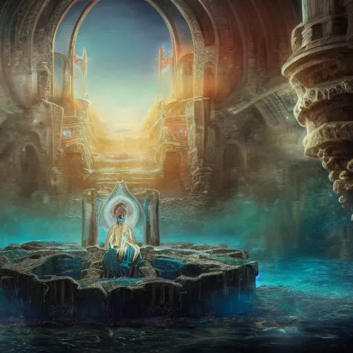 Image similar to concept art trending on art station detailed matte painting of a mystical being meditation in Atlantis city , dramatic, 8k, digital art, aesthetic