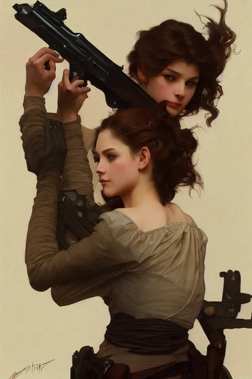 Image similar to girl holding a gun, intricate, elegant, highly detailed, digital painting, artstation, concept art, smooth, sharp focus, illustration, art by artgerm and greg rutkowski and alphonse mucha and william - adolphe bouguereau