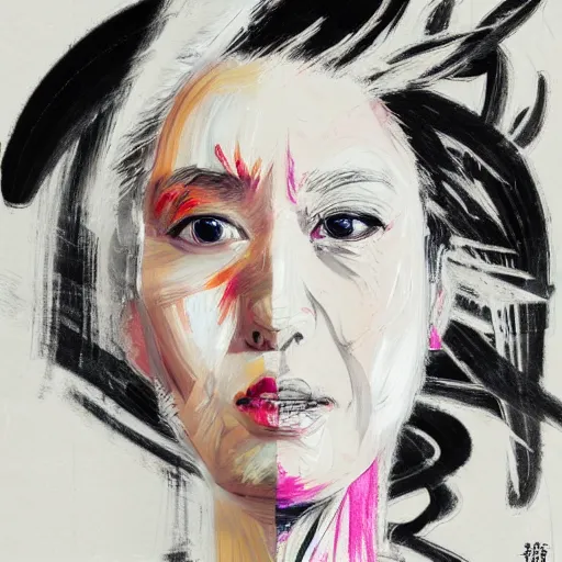 Prompt: Oil portrait with rough strokes in three quarter angle of a manga girl with white hair and black eyes wearing office suit in the style of Yoshitaka Amano drawn with expressive brush strokes and with the abstract floral black and white pattern in the background