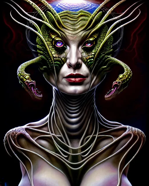 Image similar to single face portrait. complex hyper-maximalist overdetailed cinematic cosmic scifi portrait of an elegant very attractive but wild and dangerous humanoid reptilian goddess by andrei riabovitchev, tomasz alen kopera, oleksandra shchaslyva. Omnious intricate. Secessionist portrait illustration. Poison goddes. Slightly influenced by giger. Zerg human hybrid goddes. Unreal engine 5. Focus on face. Artstation. Deviantart. 8k 4k 64megapixel. Cosmic horror style. Rendered by binx.ly.