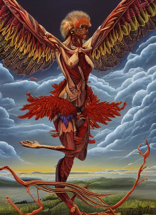 Image similar to an anatomical oil painting of a Harpy from a medical journal by Alex Grey and Julie Bell, highly detailed, high detail, 8k, storm clouds, birds, dramatic lighting