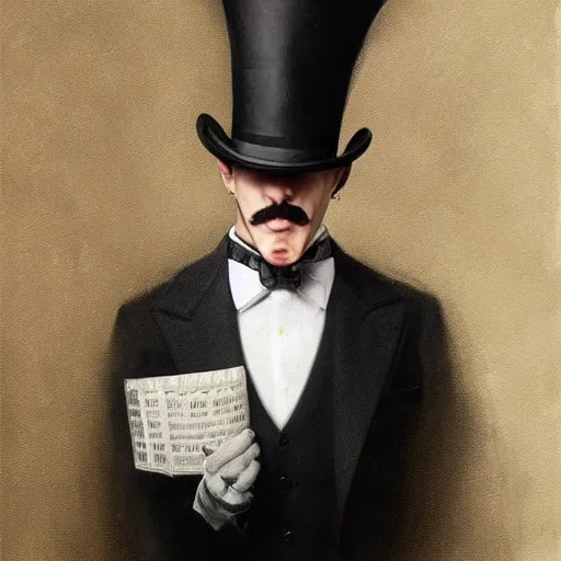 Image similar to hyper realistic dapper fancy luigi wearing a top hat, smirking deviously, painted by greg rutkowski, wlop, artgerm