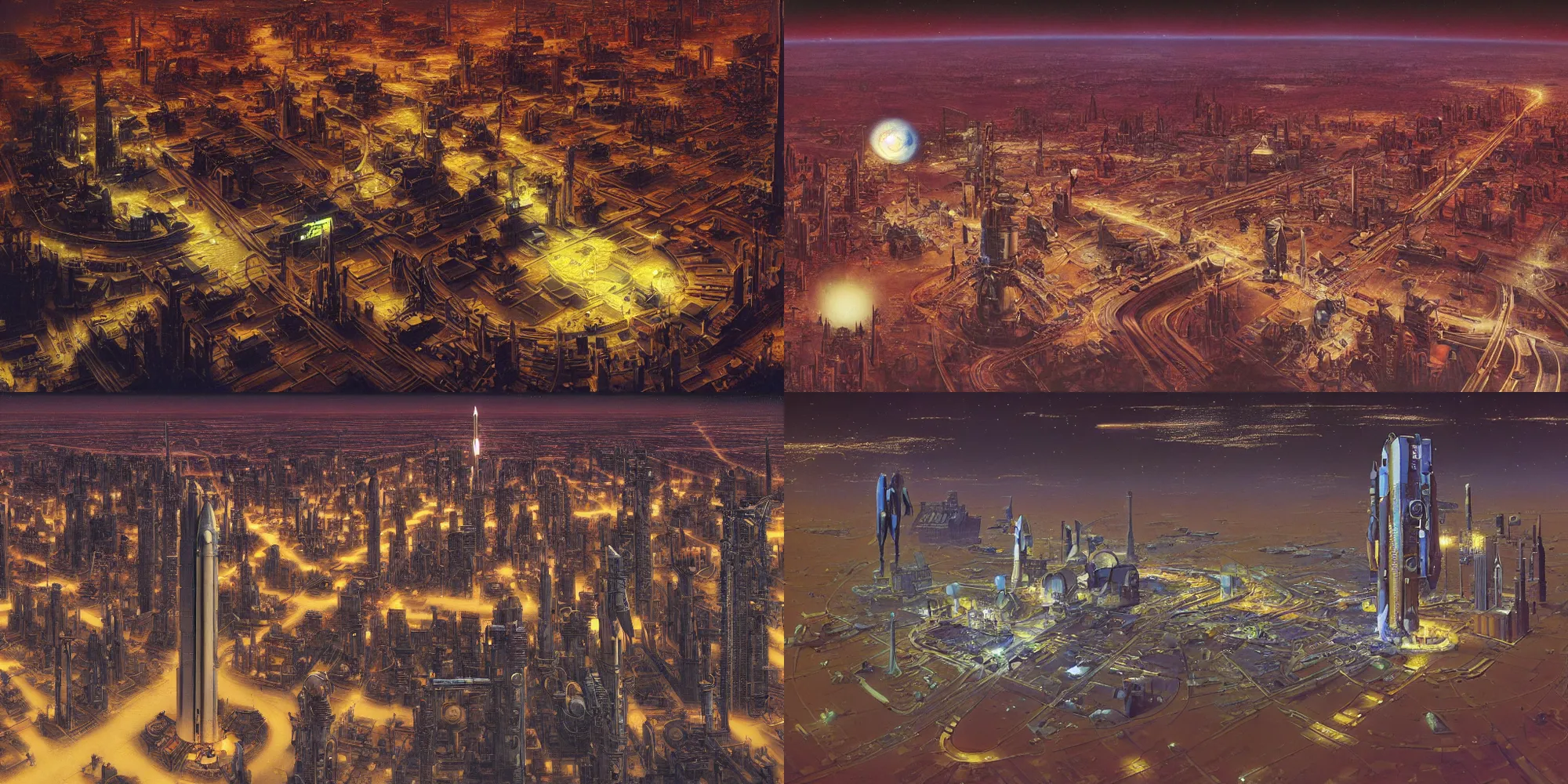 Prompt: Tilt shift photography of the first city on Mars at night. Various rocket launches can be seen as well as highways and giant buildings and arcologies. High contrast, intricate vibrant details. Award winning masterpiece of Vincent Di Fate and John Berkey